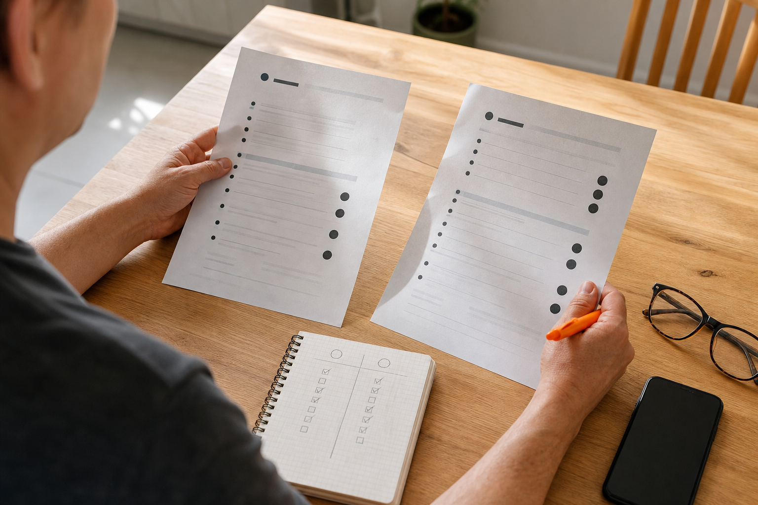Consument vergelijkt twee papieren abonnementsvoorstellen met een eigen checklist