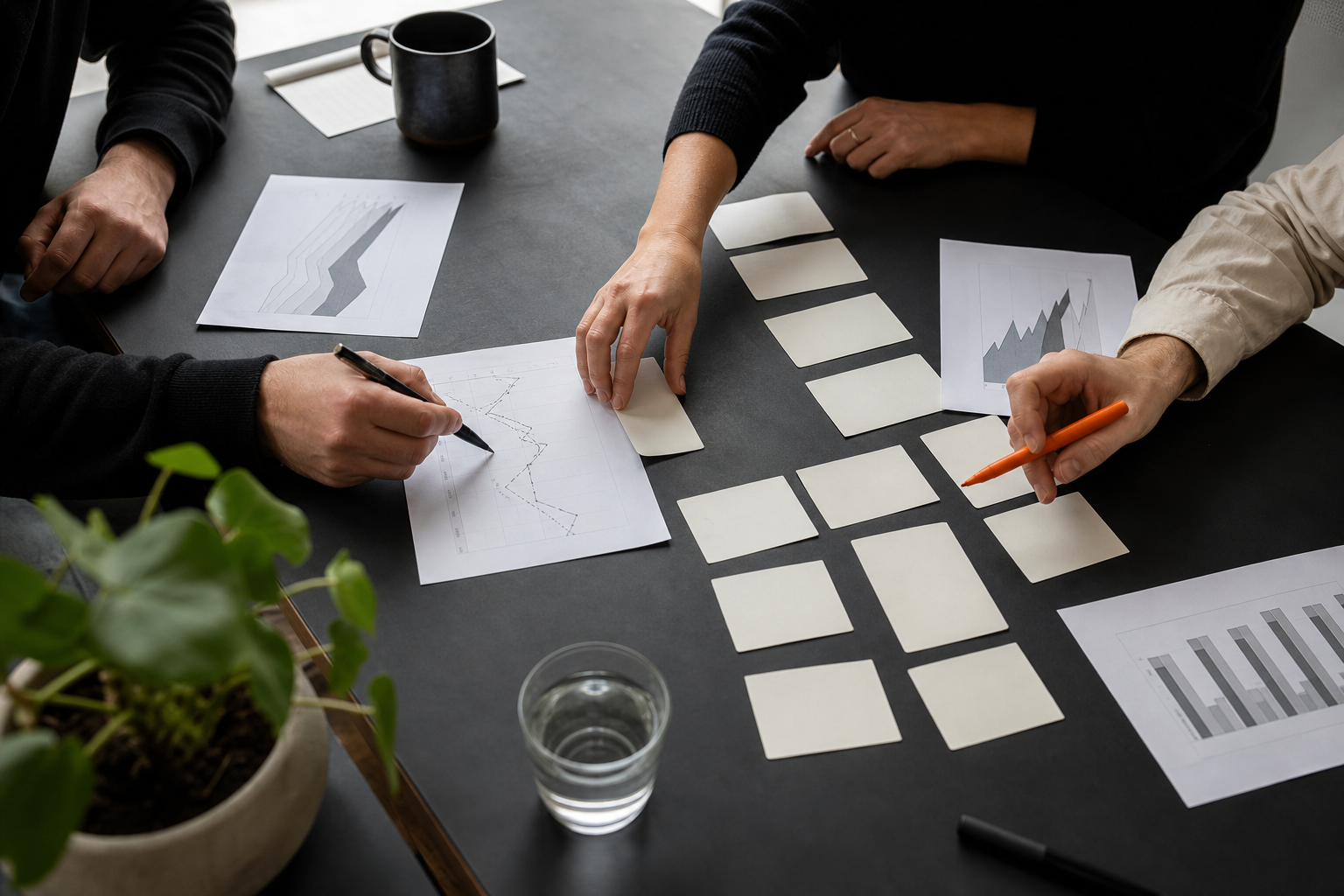 Klein team bespreekt eenvoudige marketinggrafieken en groepeert notities op een donkere tafel
